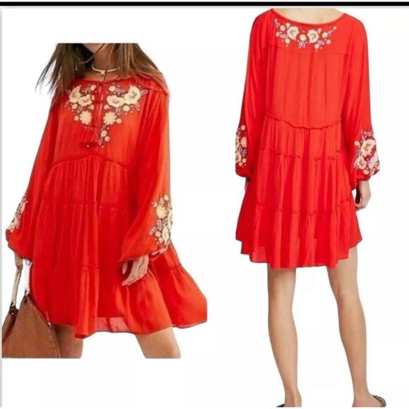 FREE PEOPLE Poppy Red Spell on You Embroidered Mini Peasant Boho Dress Sz XS - Picture 14 of 14